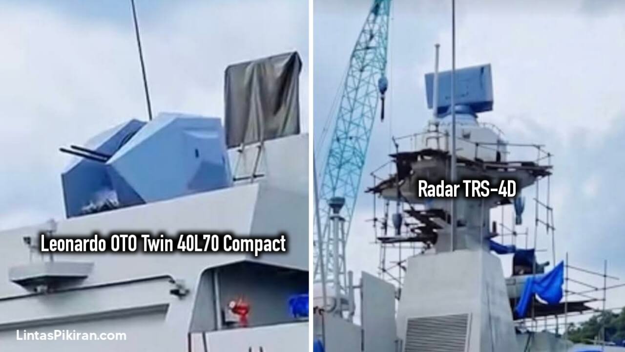 Tampilan Canon Laras Ganda Leonardo jenis OTO Twin 40L70 Compact dan radar TRS-4D